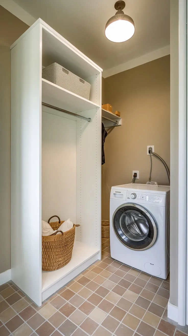 Maximize small space efficiency with a combined pantry, laundry, and hanging storage area.