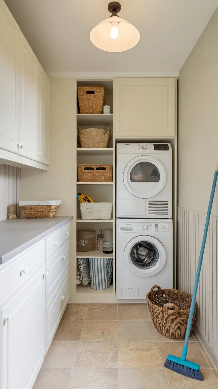 Maximize small space efficiency with a combined pantry, laundry, and countertop area featuring white cabinets and beige tile.