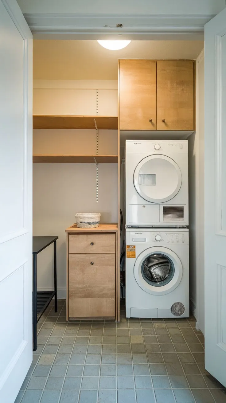 Maximize small space efficiency with a bright utility room cleverly combining pantry, stacked laundry, and smart storage.