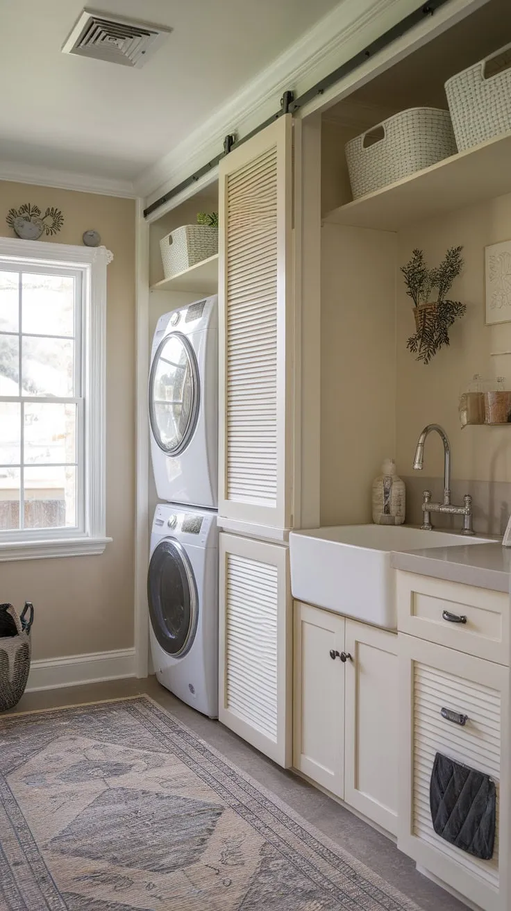 Maximize small space efficiency with a stylish laundry-pantry combo featuring stacked washer/dryer, sink, and ample storage.