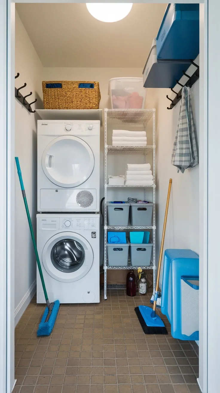 A compact, efficiently organized utility room seamlessly blends laundry and pantry storage, maximizing small-space functionality