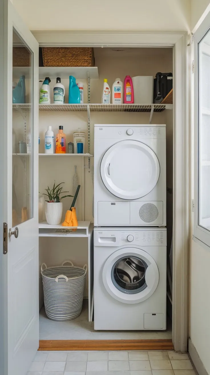 Maximize small-space efficiency with a combined laundry and pantry room featuring stacked washer/dryer, overhead storage, and tiled floors