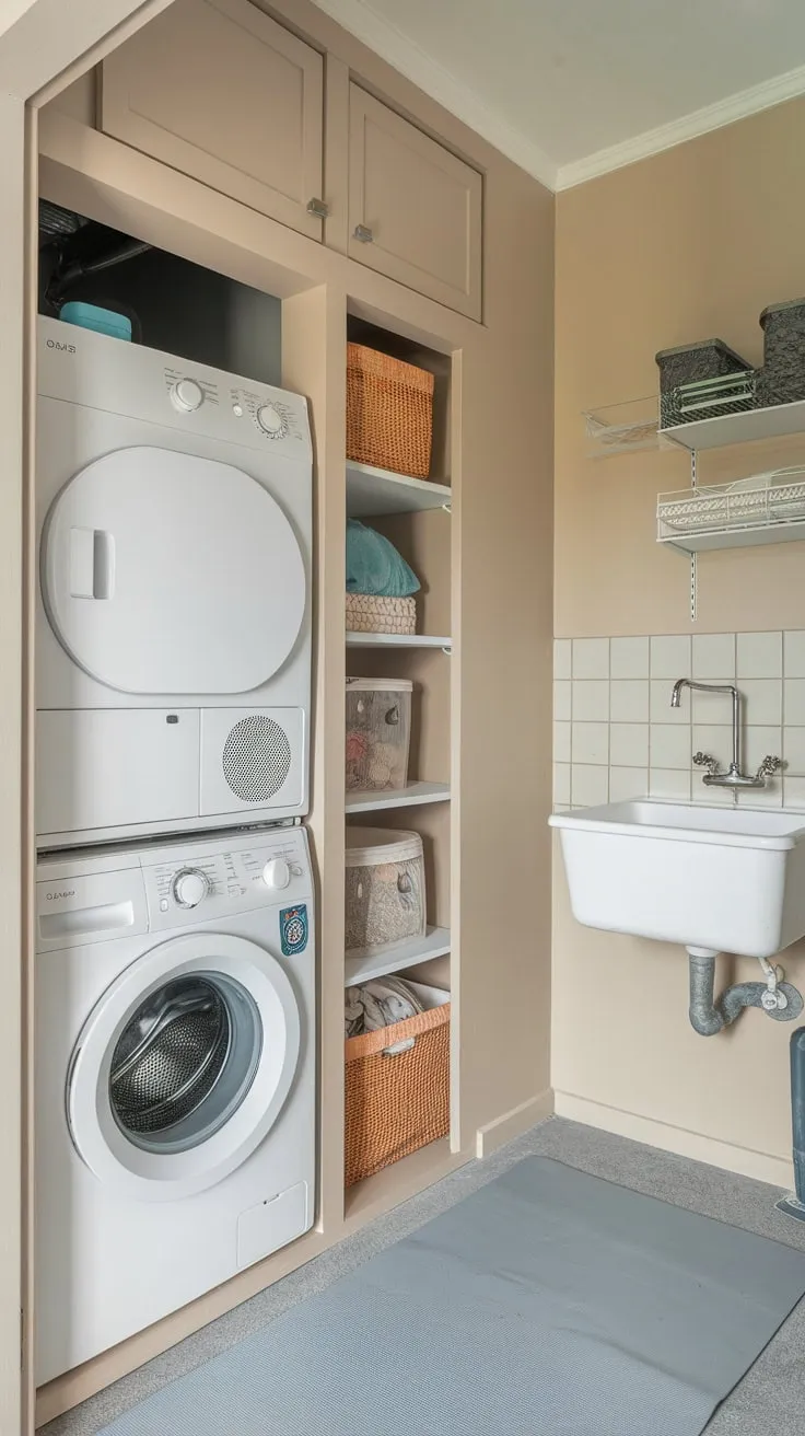 Maximize small space efficiency with a combined pantry, laundry, and utility sink area.