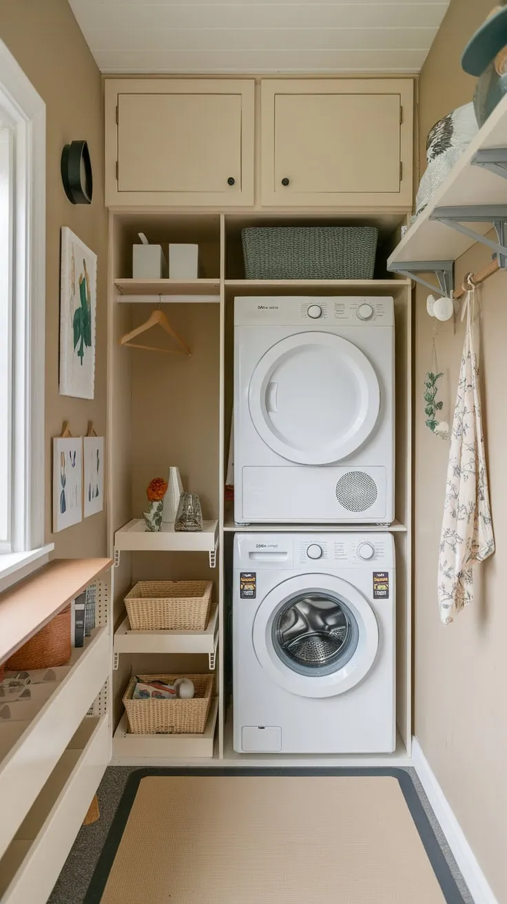 Maximize small space efficiency with a combined pantry-laundry room featuring stacked washer/dryer and ample storage.
