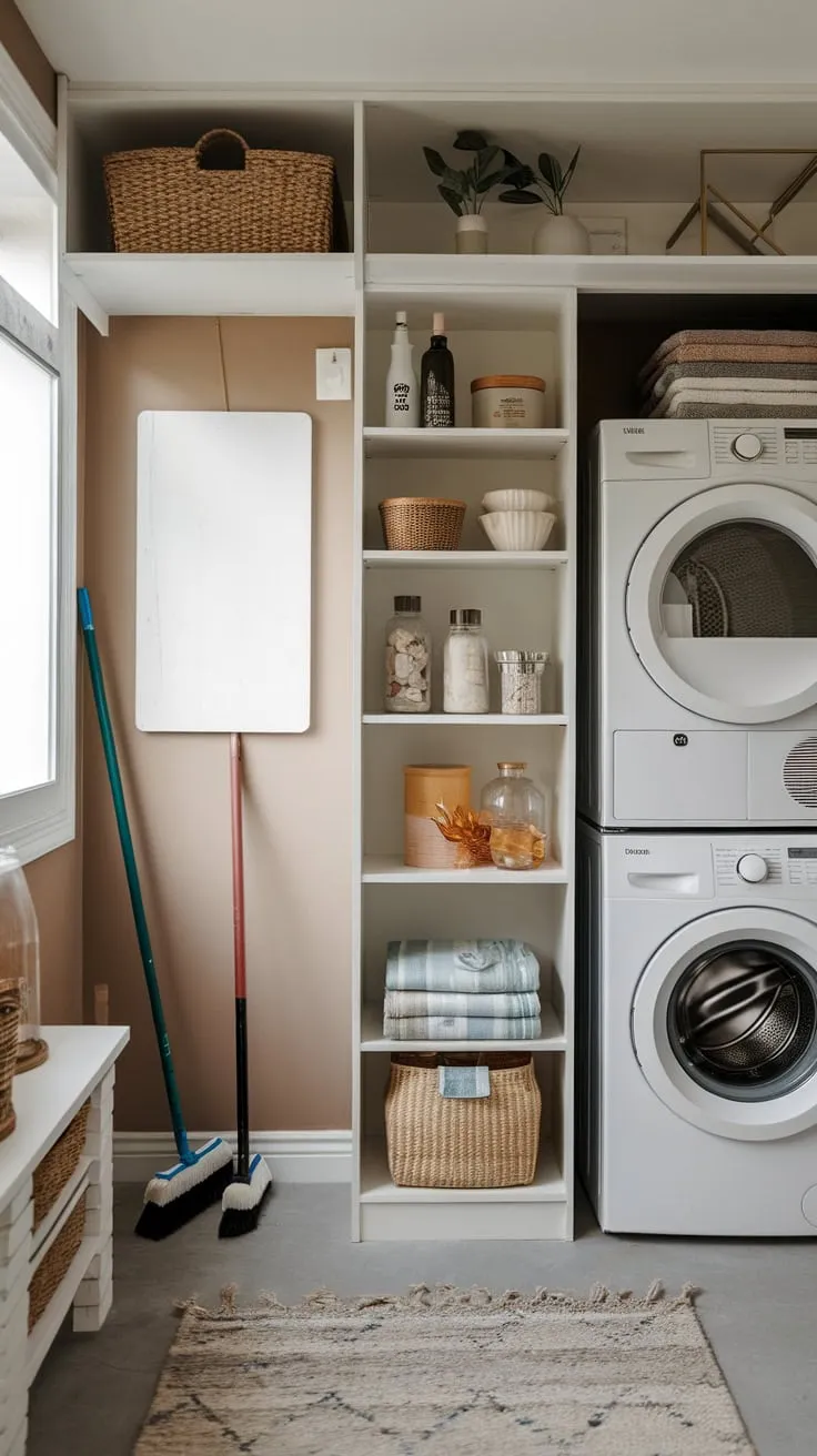 Maximize small space efficiency with a stylish pantry-laundry combo featuring stacked washer/dryer and clever storage.