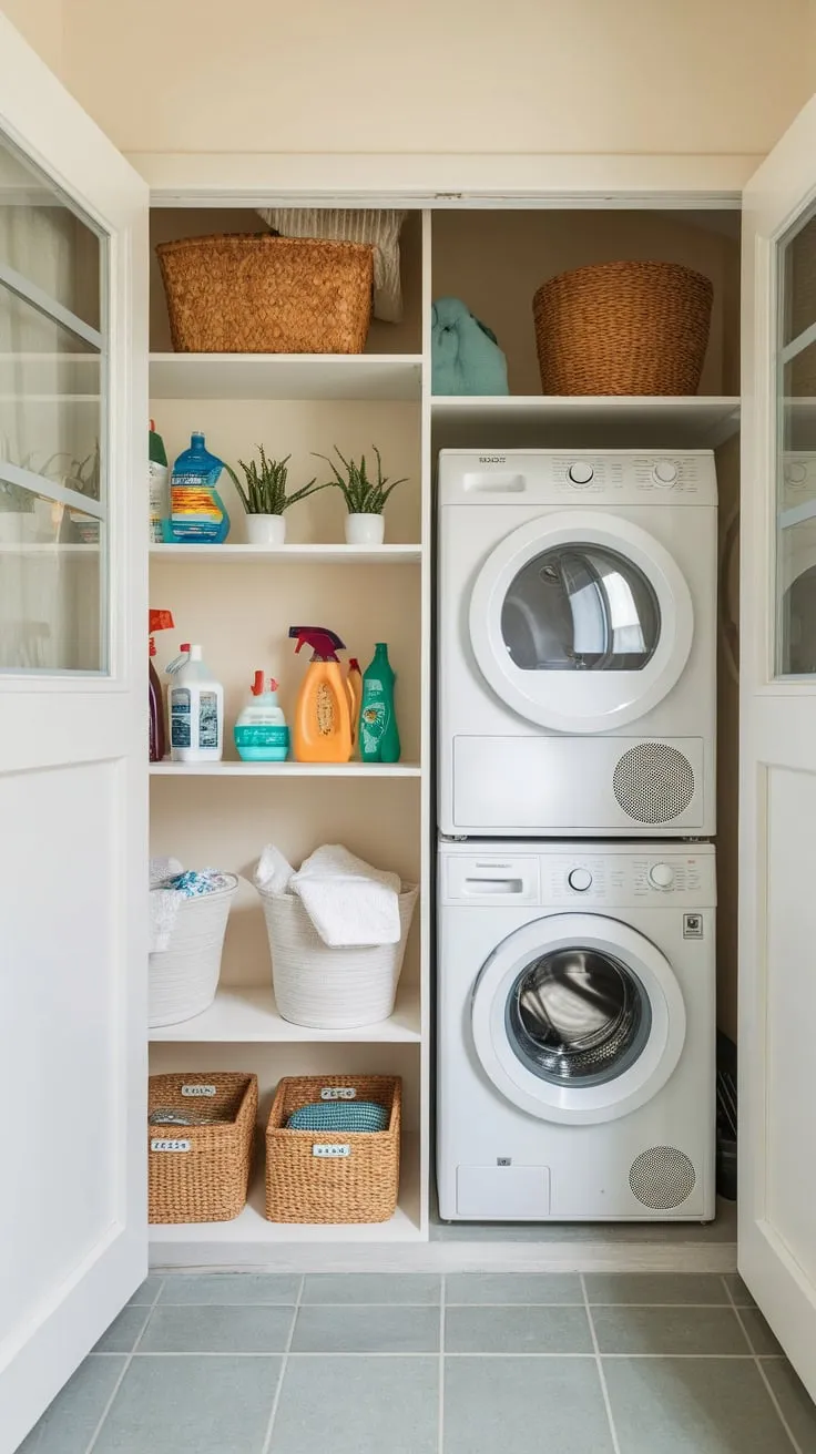 Maximize small space efficiency with a combined laundry and pantry room featuring stacked washer/dryer and ample storage.