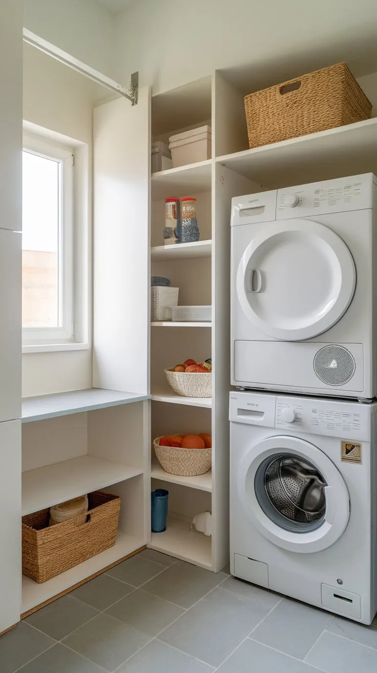 A compact yet functional utility room cleverly integrates pantry storage and stacked laundry appliances, maximizing limited space.