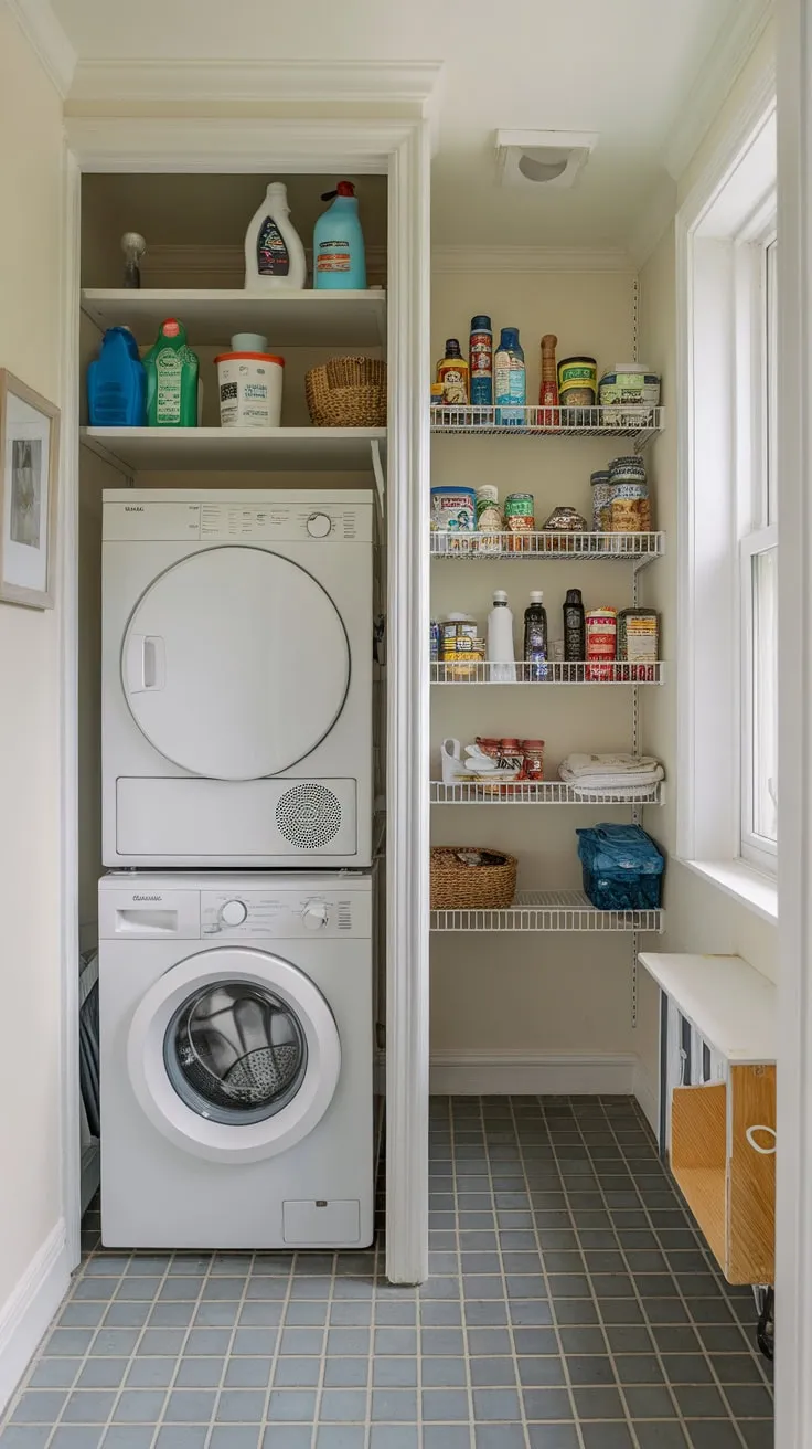 A light-filled utility room cleverly integrates laundry and pantry storage, optimizing limited square footage for both cleaning and food supplies.