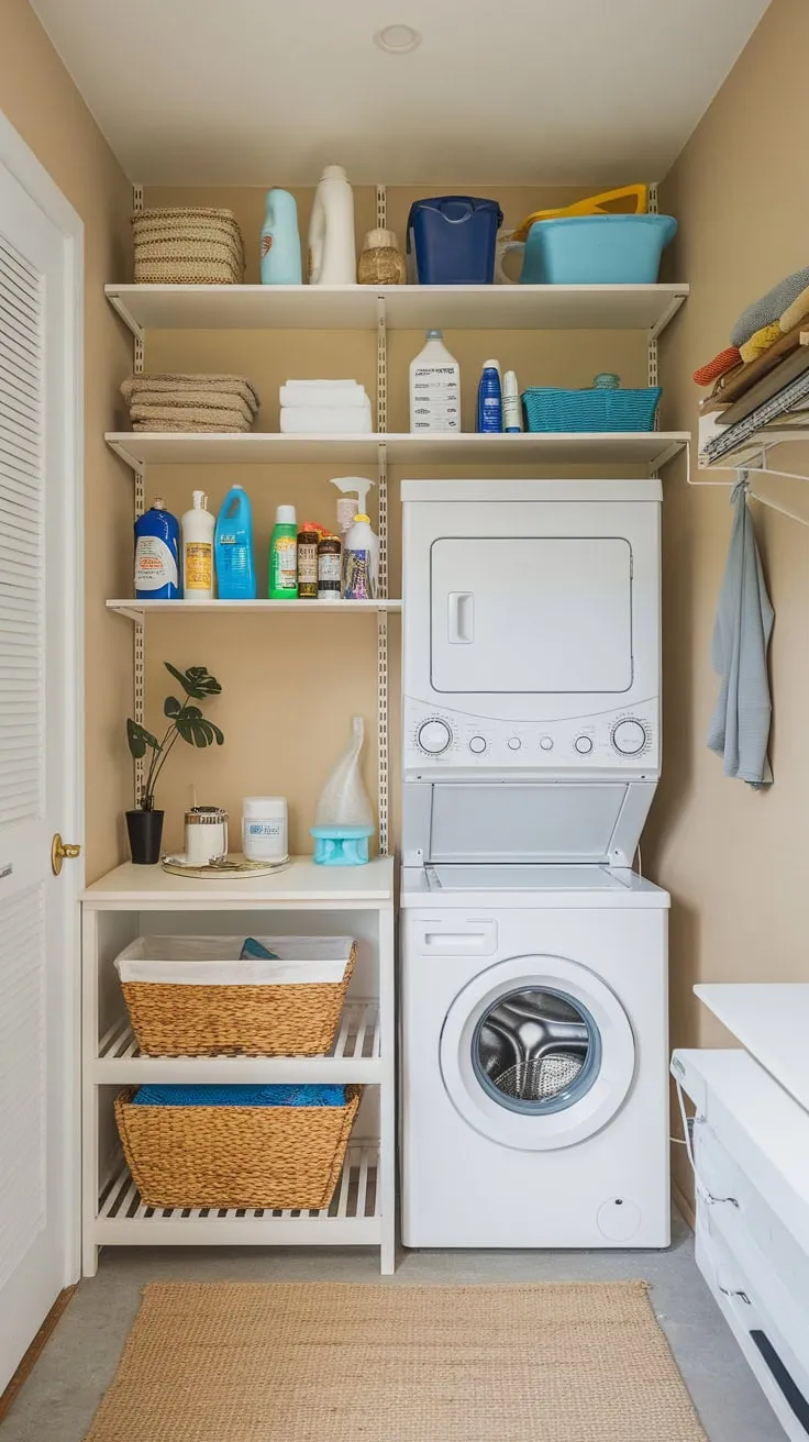 A beige-toned utility room seamlessly integrates laundry and pantry storage, optimizing limited square footage.
