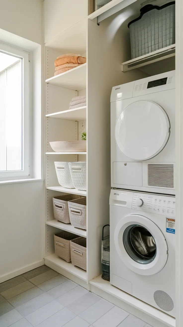 Maximize small space efficiency with a combined pantry, laundry, and storage area featuring tiled floors and natural light.