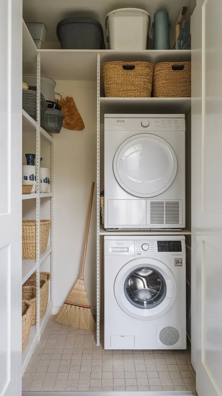 Maximize small space efficiency with a combined pantry, laundry, and storage area featuring a stacked washer-dryer unit