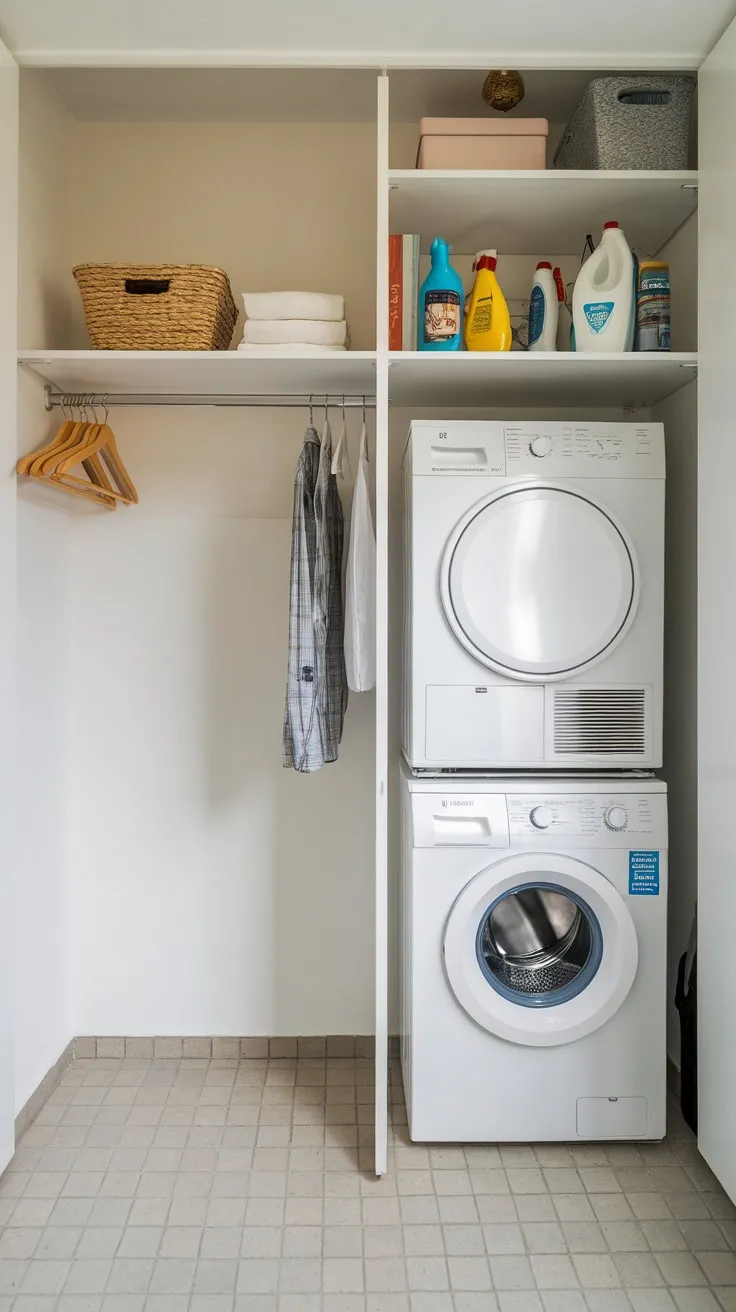 Maximize small space efficiency with a combined pantry, laundry, and clothes-hanging station in a tidy utility room