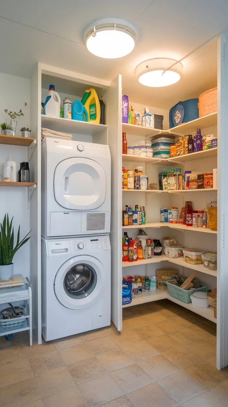 Maximize small space efficiency with a bright laundry-pantry combo featuring stacked appliances, ample shelving, and personal touches.