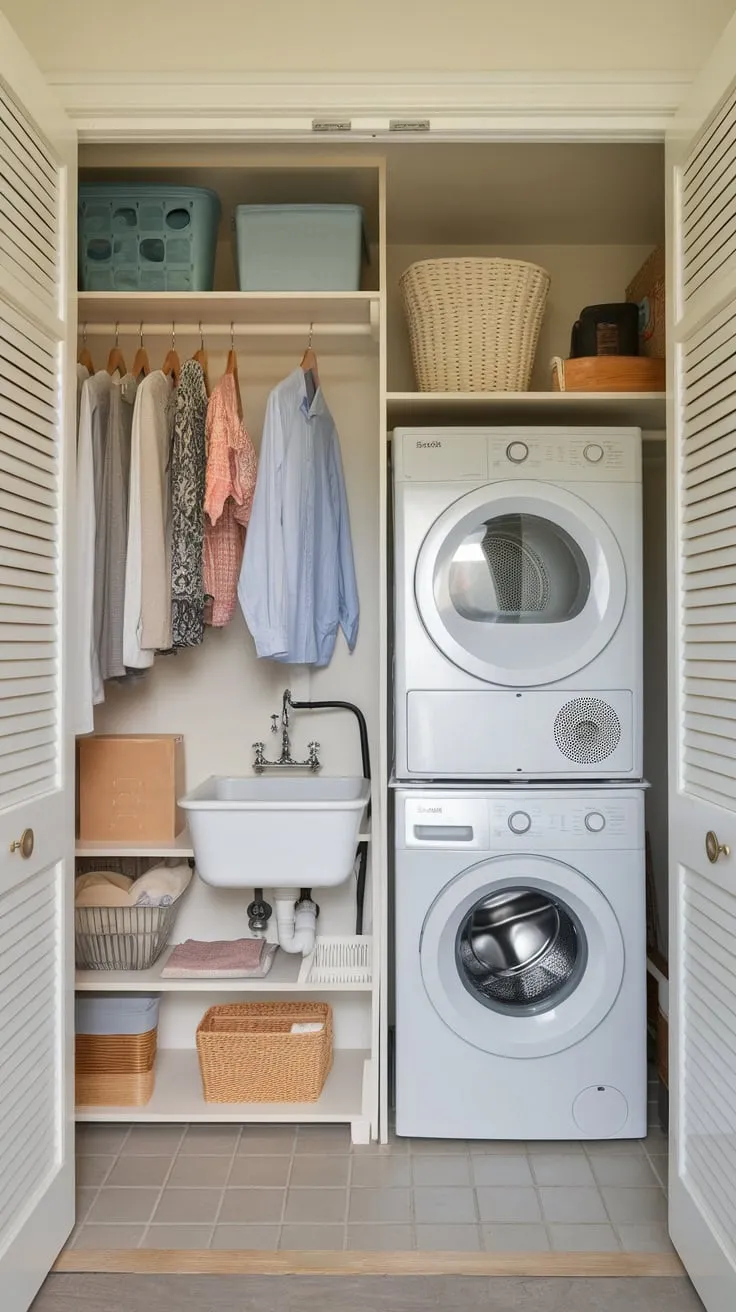 Maximize small space efficiency with a combined laundry pantry featuring stacked washer/dryer, sink, shelving, and hanging rods.