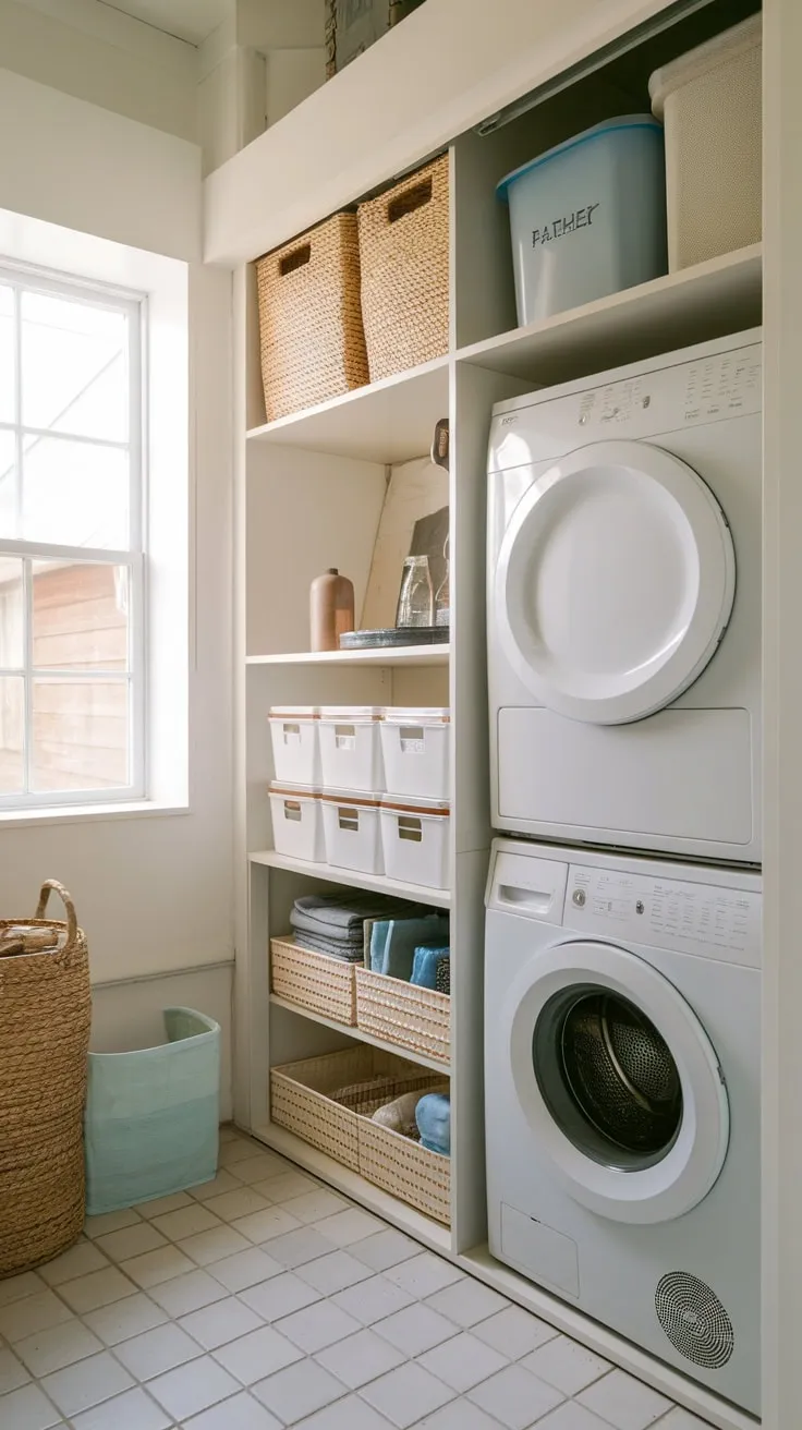 A tiled, efficient laundry-pantry combo cleverly utilizes vertical space for maximum storage in a compact footprint.