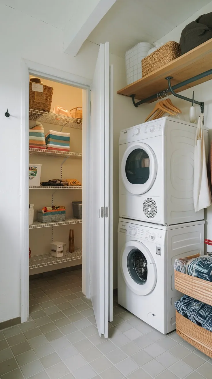 Maximize small space efficiency with a combined pantry and laundry room featuring stacked washer/dryer and smart storage solutions