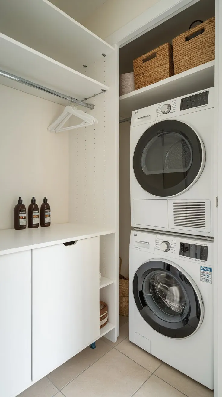 A compact utility room cleverly integrates pantry storage, stacked laundry appliances, and hanging clothes space in a stylish white and tiled design.