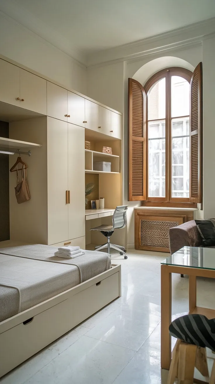 Maximize space and style in this small studio apartment. The clever studio apartment layout incorporates a platform bed with storage, a built-in wardrobe, and a dedicated workspace, leaving room for a cozy seating area. This showcases small space interior ideas and small apartment seating ideas perfectly. The white tiles and wooden shutters add to the bright and airy feel, offering studio apartment inspiration for small home interior designs and home decor ideas for small living rooms. Smart small home furniture solutions make this the ultimate renter living room ideas example.