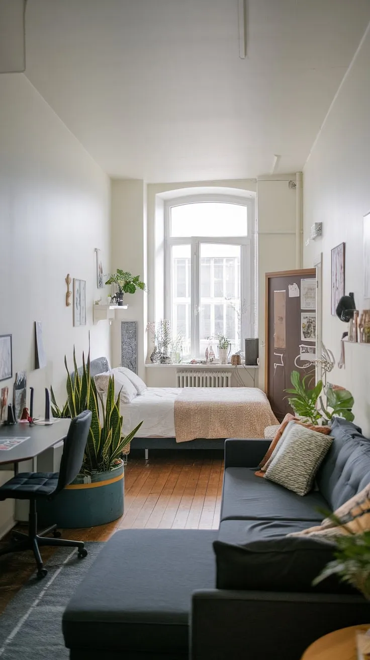 Maximize space and style in this small studio apartment. This studio apartment layout expertly balances sleeping, working, and relaxing areas. The queen bed, desk, and sofa are arranged to create a functional yet inviting atmosphere, offering practical small apartment seating ideas and small home furniture solutions. The white walls and wood floors provide a clean backdrop for home decor ideas for small living rooms, while the strategically placed planter adds a touch of greenery. This is a prime example of small space interior ideas and studio apartment inspiration, ideal for those embracing renter living room ideas in a compact space.
