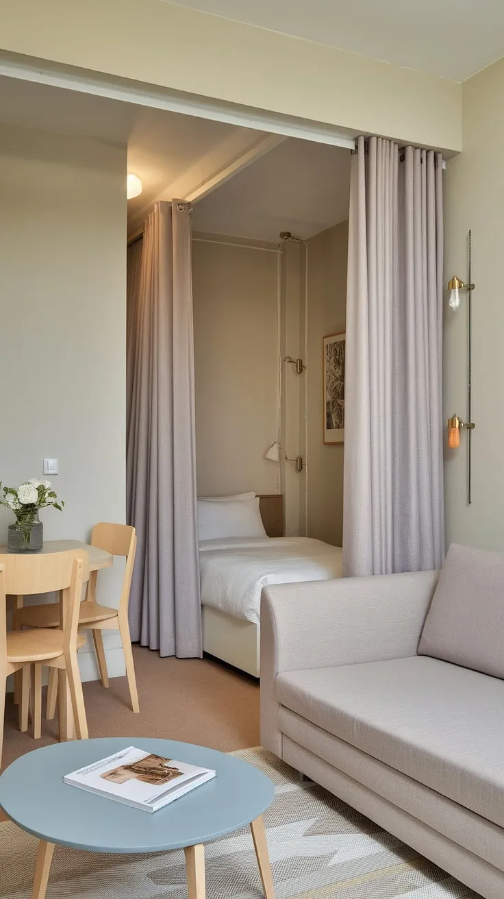 Maximize your space with this inspiring small studio apartment layout. This small studio apartment demonstrates how effective small home furniture solutions can be in creating a functional and aesthetically pleasing living space. The clever use of a curtain separates the sleeping area, while the open-plan design seamlessly integrates a dining area and a comfortable seating area, showcasing excellent small apartment seating ideas. This is a prime example of small space interior ideas and small home interior designs, perfect for those seeking studio apartment inspiration or renter living room ideas. The light color palette and soft lighting contribute to a feeling of spaciousness, making this a great resource for home decor ideas for small living rooms.