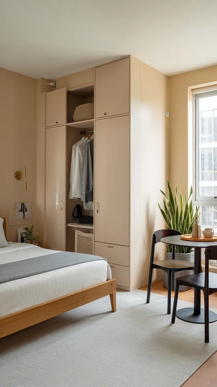 This small studio apartment proves that big style doesn't need big space. Home decor ideas for small living rooms are brought to life with this efficient studio apartment layout, offering small home interior designs and studio apartment inspiration for anyone seeking small space interior ideas and small apartment seating ideas.