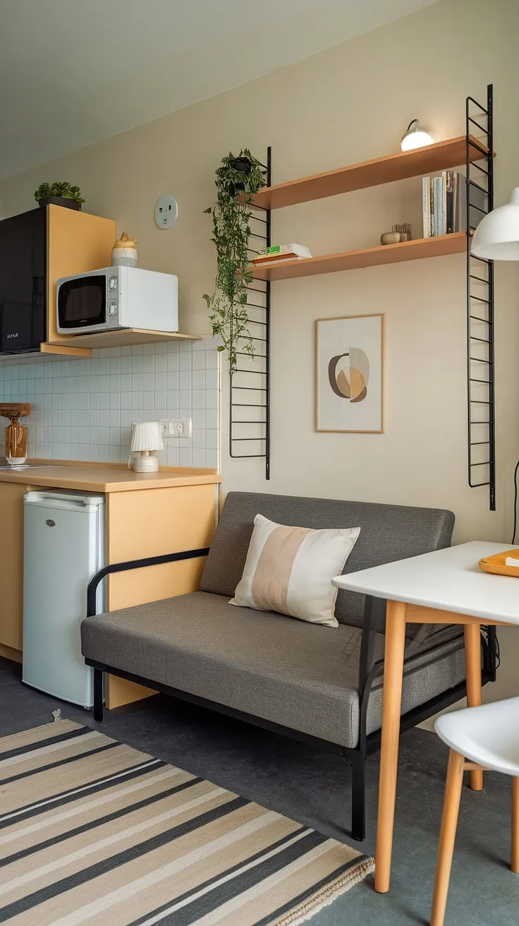 This small studio apartment showcases clever small space interior ideas, maximizing functionality with a well-designed studio apartment layout. The sofa bed offers versatile small apartment seating ideas, while the compact dining table and kitchenette provide essential living space. Home decor ideas for small living rooms are evident in the wall shelf's placement, adding personality without overwhelming the room. This studio apartment inspiration demonstrates how small home furniture solutions can create a comfortable and stylish home, perfect for renter living room ideas and small home interior designs.