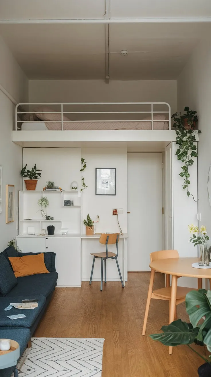 Clever design transforms this small studio apartment into a haven of calm. The studio apartment layout prioritizes functionality, with a lofted bed freeing up valuable floor space for a cozy sofa and dining area. This showcases inspiring small space interior ideas and smart small apartment seating ideas, perfect for those seeking small home interior designs that maximize comfort. The simple color palette and strategic use of plants create a serene atmosphere, offering valuable home decor ideas for small living rooms and studio apartment inspiration. It's a testament to how effective small home furniture solutions can be in creating a stylish and functional renter living room ideas, even in the smallest of spaces.