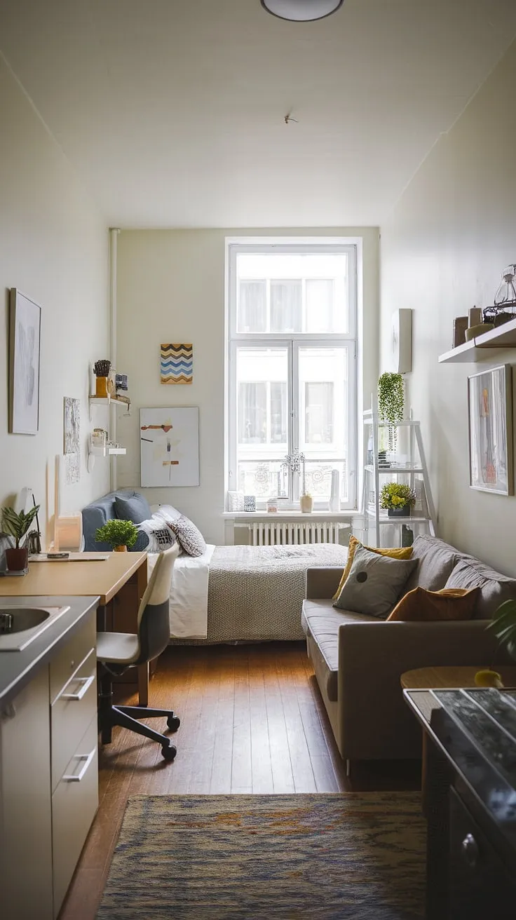 This small studio apartment proves that big living doesn't require big space. The thoughtful studio apartment layout and small home interior designs demonstrate how small home furniture solutions and small apartment seating ideas can transform a small space. Find your next studio apartment inspiration and renter living room ideas here.