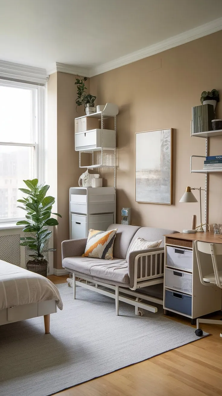 Maximize space and style in this cleverly designed small studio apartment. Smart furniture choices and thoughtful studio apartment layout create a cozy and functional living space, perfect for small space interior ideas and small apartment seating ideas. This is studio apartment inspiration at its finest, showcasing small home interior designs and home decor ideas for small living rooms. Renter living room ideas don't get much better than this, proving that small home furniture solutions can be both beautiful and practical.