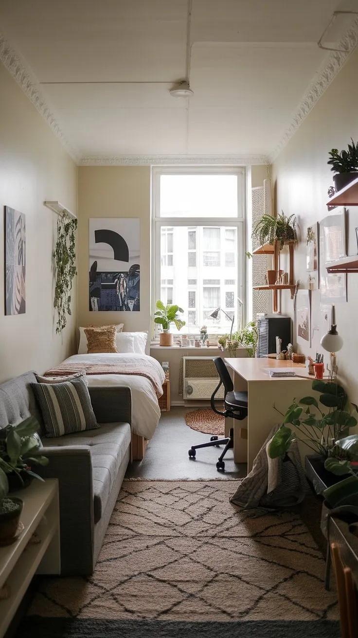 This small studio apartment showcases clever studio apartment layout maximizing every inch. The small space interior ideas are evident in the well-placed desk near the window, cozy seating area with small apartment seating ideas, and comfortable bed. The home decor ideas for small living rooms are tastefully implemented, creating a surprisingly spacious feel. This studio apartment inspiration is perfect for those seeking small home interior designs and renter living room ideas. Small home furniture solutions are key to this successful design.