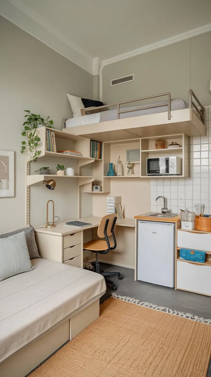This small studio apartment showcases clever studio apartment layout maximizing every inch. The loft bed with integrated storage drawers is a brilliant small space interior ideas solution, freeing up floor space for a sofa bed (perfect small apartment seating ideas) and a workspace. The neutral grey walls and beige rug create a calm atmosphere, while the kitchenette with mini-fridge and microwave proves functionality doesn't have to compromise style. This is prime studio apartment inspiration for those seeking small home interior designs and home decor ideas for small living rooms. Renter living room ideas don't get much better than this example of small home furniture solutions.