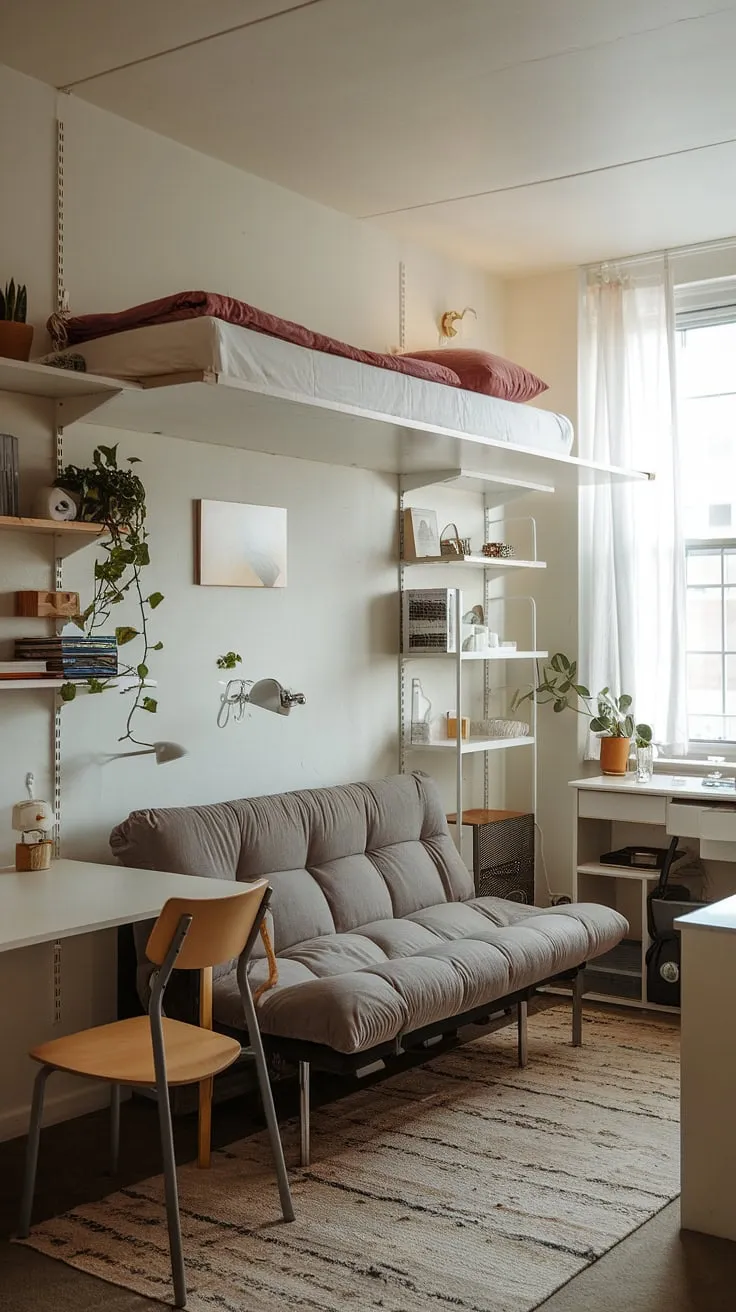 This small studio apartment showcases clever space-saving solutions. The studio apartment layout maximizes functionality with a futon sofa providing both seating and sleeping, a loft bed for extra privacy, and a compact dining area. These small space interior ideas and small apartment seating ideas demonstrate how to create a comfortable and stylish home, even in a limited space. The simple home decor ideas for small living rooms and small home furniture solutions contribute to a feeling of spaciousness. This studio apartment inspiration offers renter living room ideas that are both practical and aesthetically pleasing.