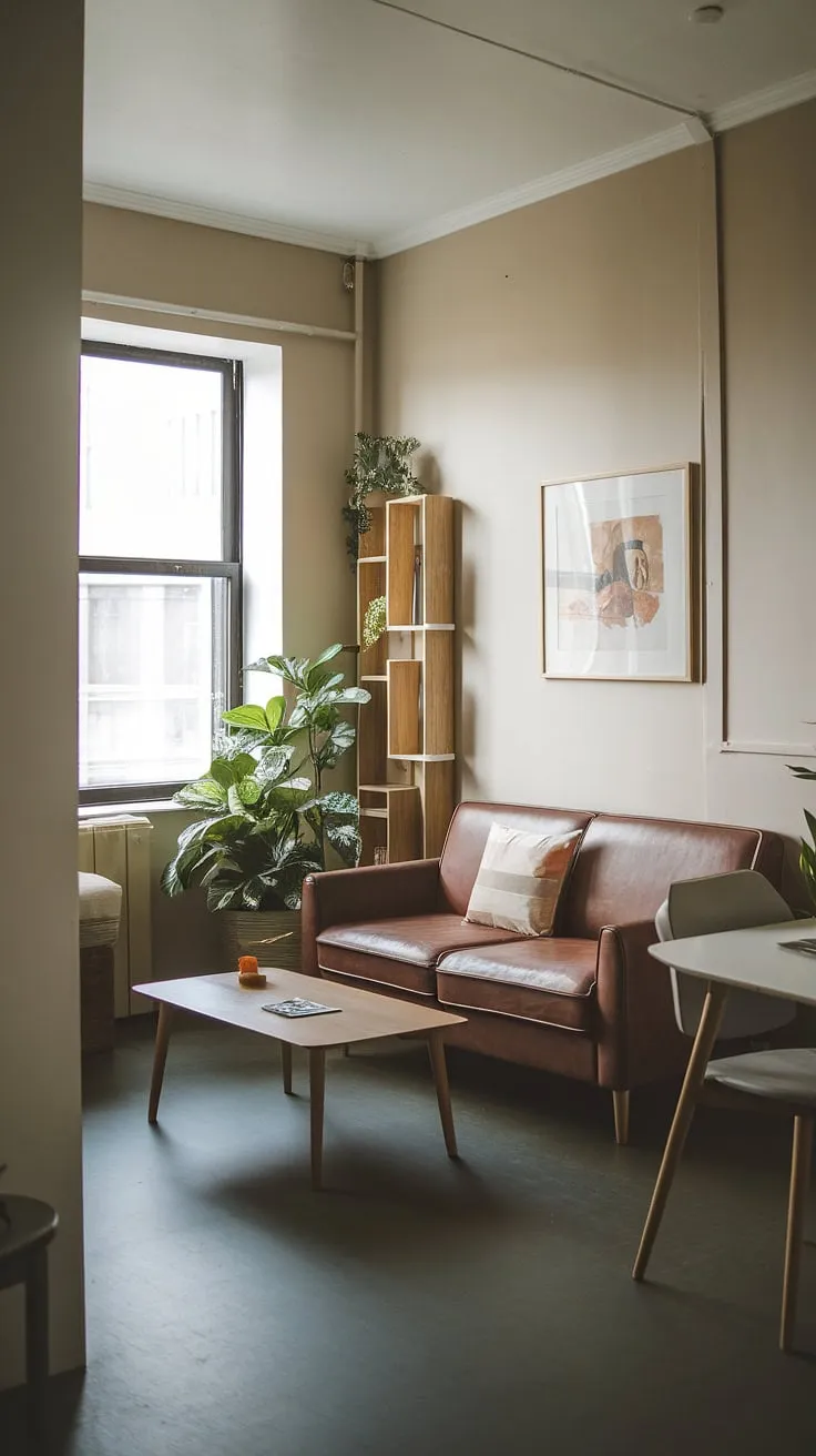 This small studio apartment showcases clever small space interior ideas and small apartment seating ideas. The studio apartment layout maximizes functionality, using small home furniture solutions to create a cozy and inviting seating area without sacrificing space. The light walls and dark flooring provide a stylish backdrop, complemented by a touch of greenery. This is perfect studio apartment inspiration for those seeking renter living room ideas and home decor ideas for small living rooms.