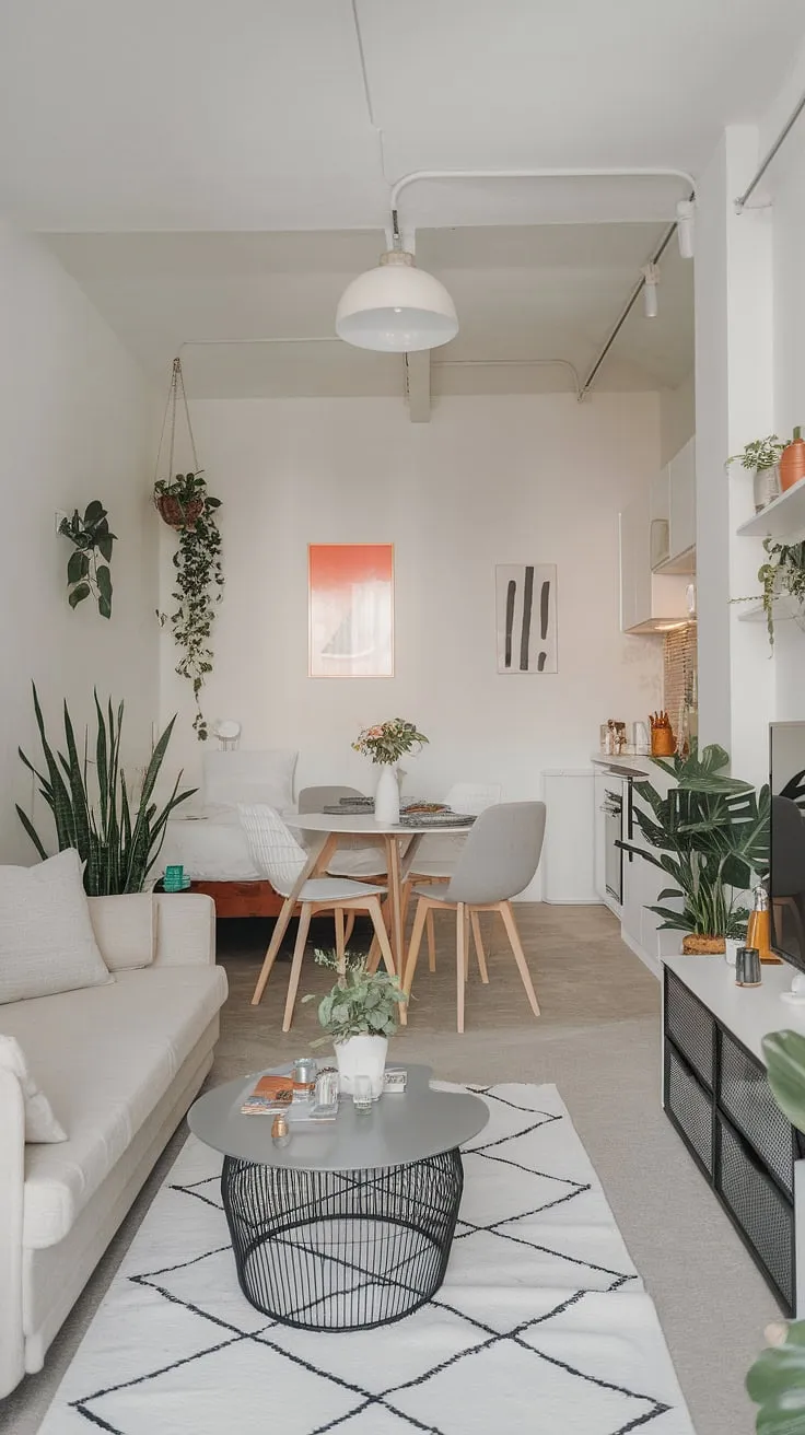 Clever small home furniture solutions are key in this small studio apartment, demonstrating inspiring studio apartment inspiration. The studio apartment layout efficiently combines a comfortable seating area (perfect for small apartment seating ideas), a dining nook, and a sleeping area, all within a minimalist design. This small space interior ideas showcase proves that even limited square footage can accommodate a stylish and functional living space. The pops of color and strategically placed greenery add personality, making it a great example of home decor ideas for small living rooms and renter living room ideas.
