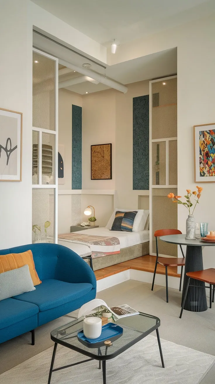 Maximize space and style in this small studio apartment. This inspiring studio apartment layout demonstrates how small space interior ideas can transform a small living space. Clever small apartment seating ideas and small home furniture solutions create a functional yet aesthetically pleasing environment. The result? A cozy and inviting home, perfect for showcasing home decor ideas for small living rooms and offering studio apartment inspiration for renters. This is a testament to the potential of small home interior designs.