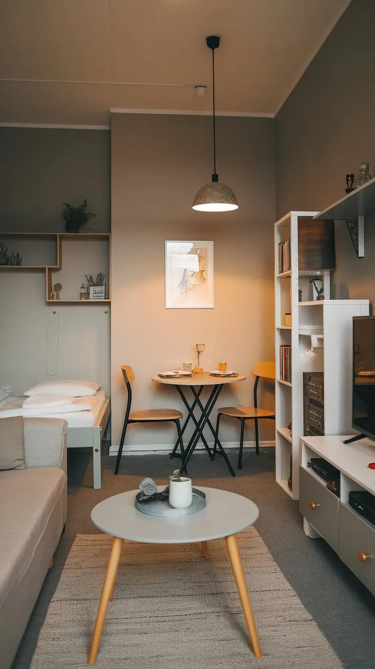 Cozy and functional, this small studio apartment showcases clever space-saving solutions. The thoughtfully designed studio apartment layout maximizes every inch, incorporating a comfortable seating area with small apartment seating ideas, a dining nook, and a sleeping space. This small space interior ideas example demonstrates how small home furniture solutions and home decor ideas for small living rooms can create a warm and inviting atmosphere. Perfect studio apartment inspiration for renters seeking renter living room ideas and small home interior designs.