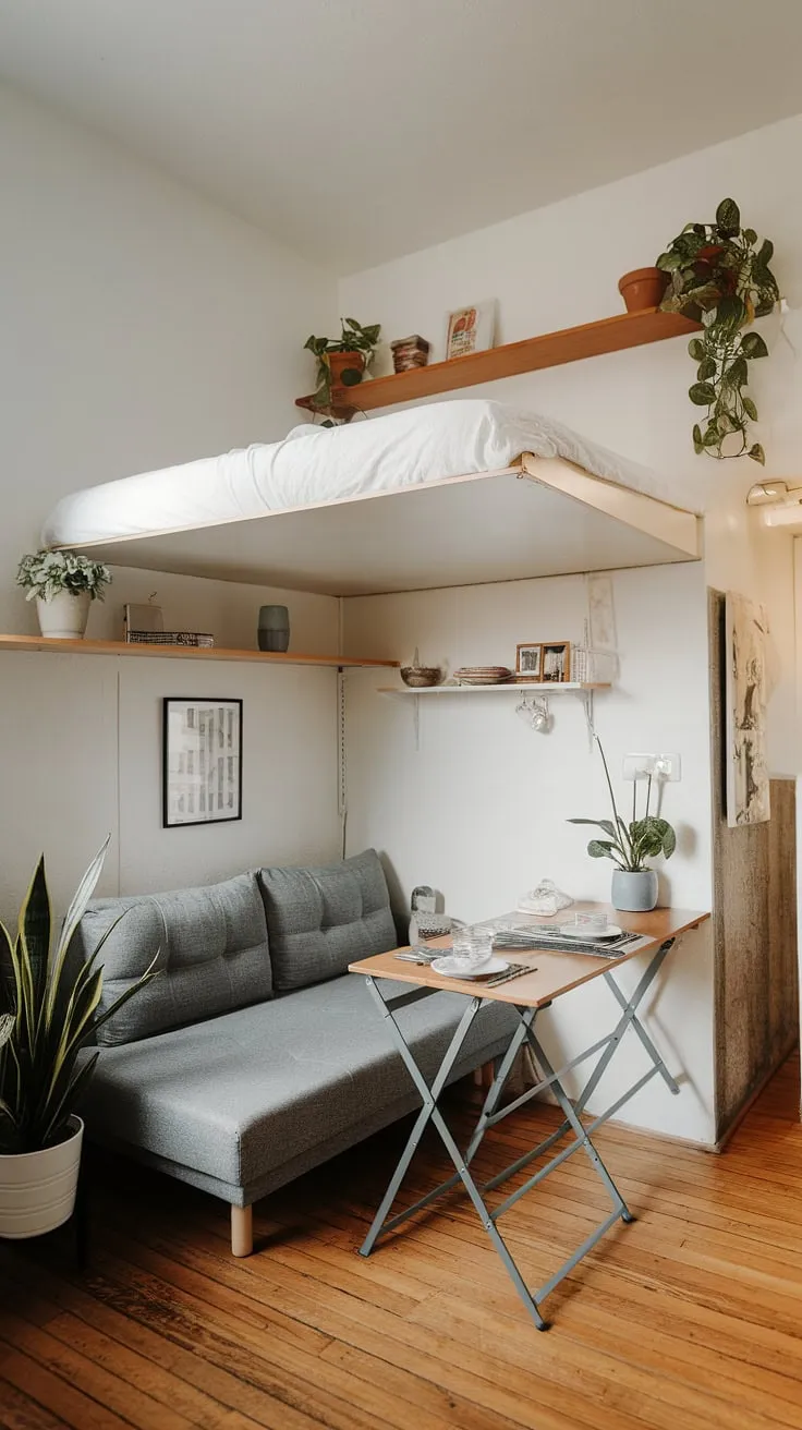 Studio apartment inspiration at its finest! This small studio apartment boasts a functional studio apartment layout, proving that small home interior designs can be both stylish and comfortable. Home decor ideas for small living rooms are effortlessly achieved with smart small home furniture solutions and thoughtful small space interior ideas.