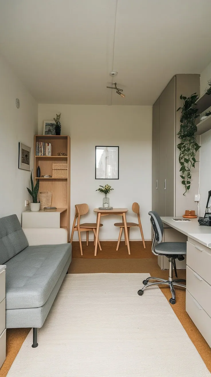 Maximize space and style in this charming small studio apartment. Clever studio apartment layout ideas showcase small space interior ideas, including smart small apartment seating ideas and small home furniture solutions for a functional yet inviting home decor.