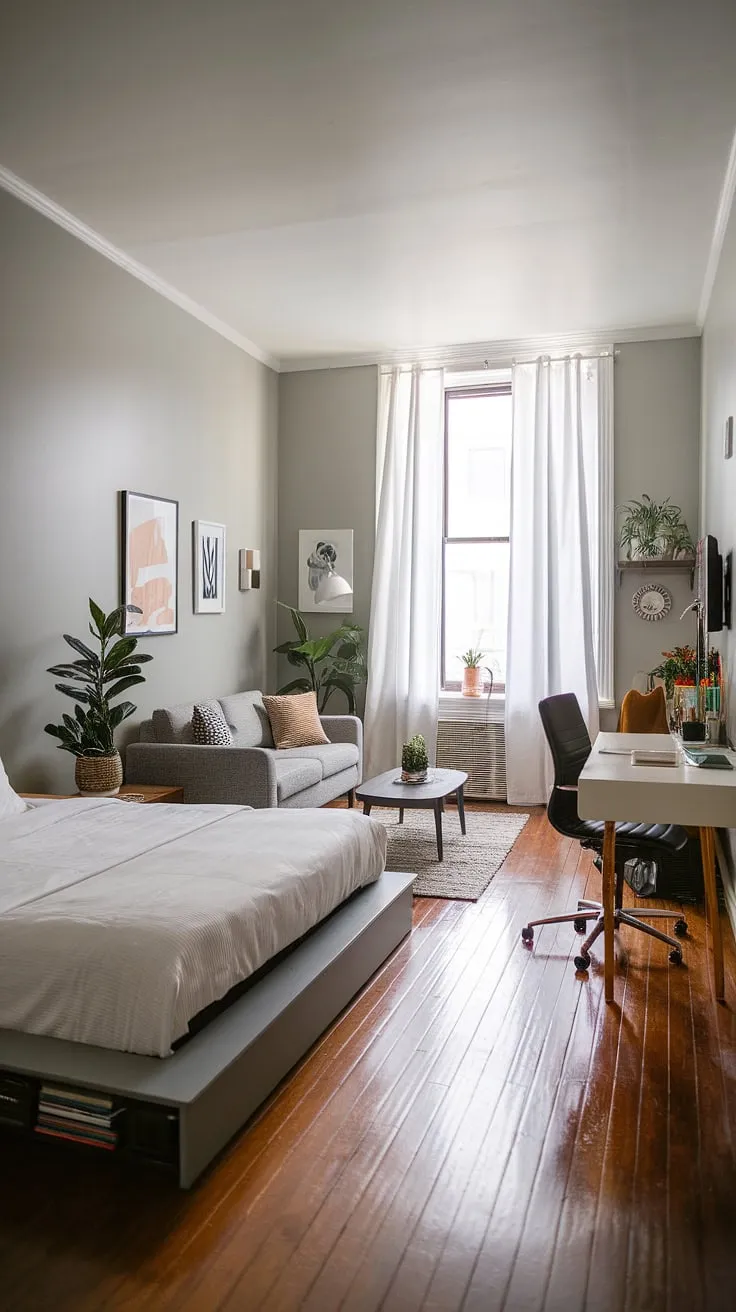This small studio apartment showcases clever studio apartment layout maximizing every inch. The queen bed platform, strategically placed desk with chair, and cozy seating area with sofa and coffee table demonstrate brilliant small space interior ideas and small apartment seating ideas. Light gray walls and hardwood floors create a calming atmosphere, while plants and wall art add personality. This is prime studio apartment inspiration, offering practical small home interior designs and home decor ideas for small living rooms, perfect for renter living room ideas and showcasing effective small home furniture solutions.