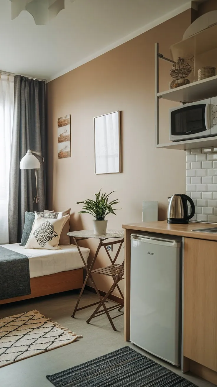 Cozy and functional, this small studio apartment layout maximizes space with clever small space interior ideas and small home furniture solutions. Studio apartment inspiration for renter living room ideas and small apartment seating ideas abound in this charming home decor ideas for small living rooms example.