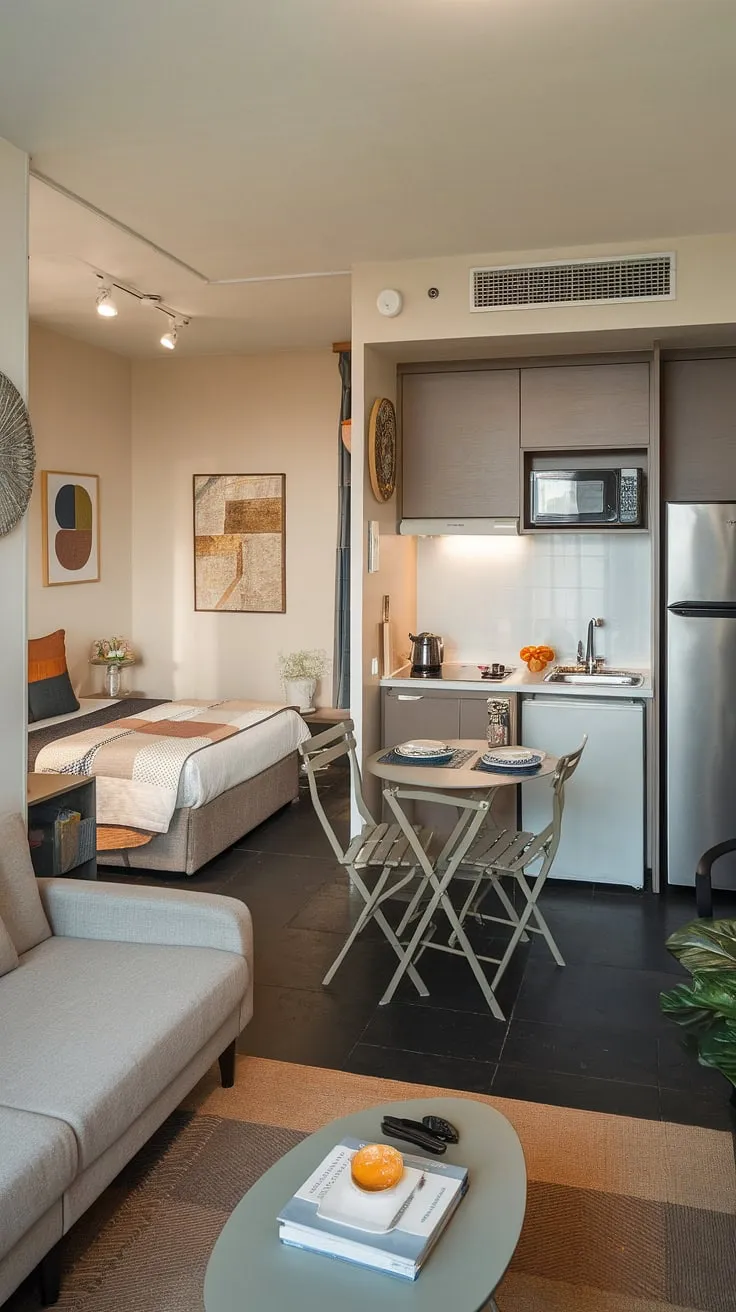 This small studio apartment showcases clever studio apartment layout maximizing every inch. The small apartment seating ideas in the living area flow seamlessly into a compact dining space near the kitchenette, proving that small space interior ideas can be both stylish and functional. Neutral tones create a calming atmosphere, while pops of color add personality. This is prime studio apartment inspiration for those seeking small home interior designs and renter living room ideas. The queen-size bed fits comfortably, highlighting the effectiveness of small home furniture solutions.