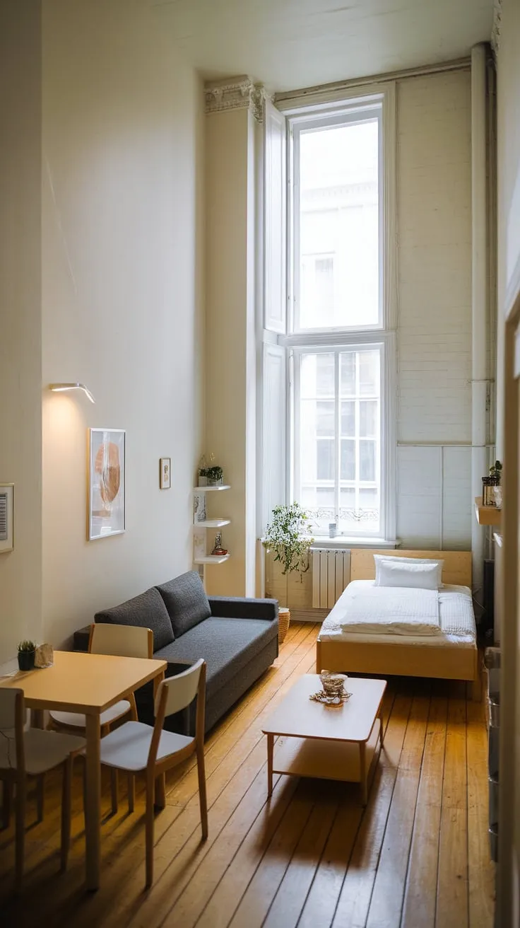 Maximize space and style in this charming small studio apartment. Clever studio apartment layout and small home furniture solutions create a cozy haven, showcasing inspiring small space interior ideas and renter living room ideas.