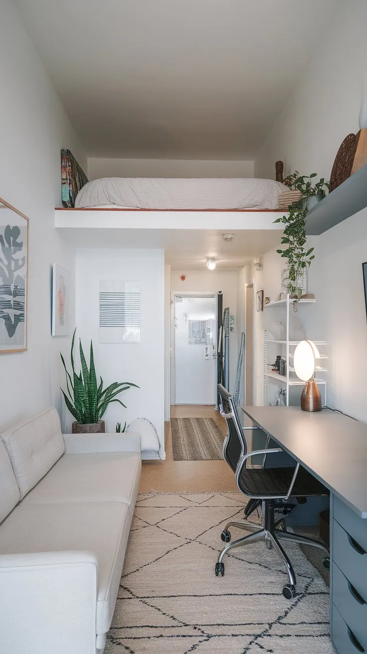 Maximize space and style in this bright small studio apartment. Clever studio apartment layout features a loft bed, maximizing floor space for a large desk and comfy seating. Perfect small space interior ideas and small apartment seating ideas for renters. This small home interior design showcases smart small home furniture solutions and home decor ideas for small living rooms, offering studio apartment inspiration.