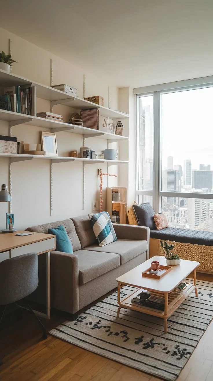 Dreamy city views and cozy comfort define this small studio apartment. This small studio apartment layout showcases ingenious small home interior designs, blending a relaxing seating area with a peaceful sleeping space. Find inspiration for your own small space interior ideas, including small apartment seating ideas and small home furniture solutions, perfect for studio apartment inspiration and renter living room ideas.