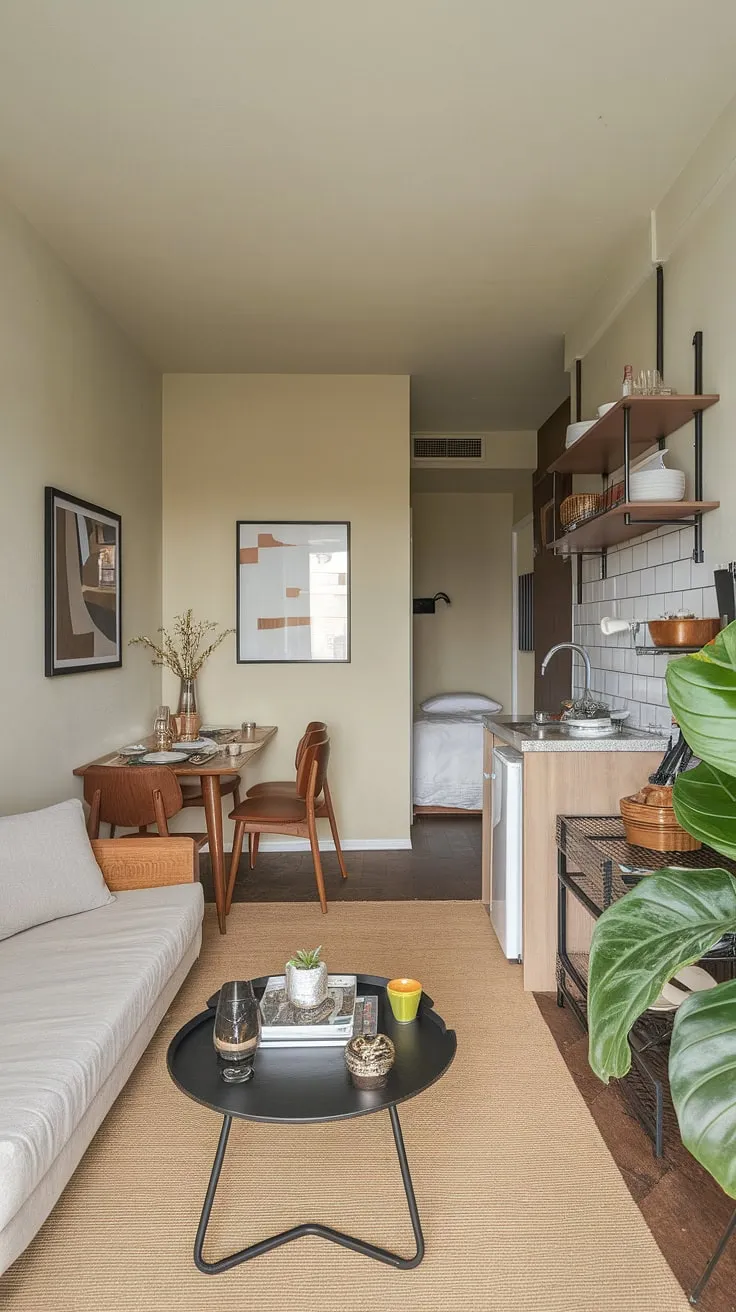Maximize space and style in this charming small studio apartment. Clever studio apartment layout and small home furniture solutions create a cozy haven, perfect for small space interior ideas and renter living room ideas. This studio apartment inspiration showcases small apartment seating ideas and home decor ideas for small living rooms.