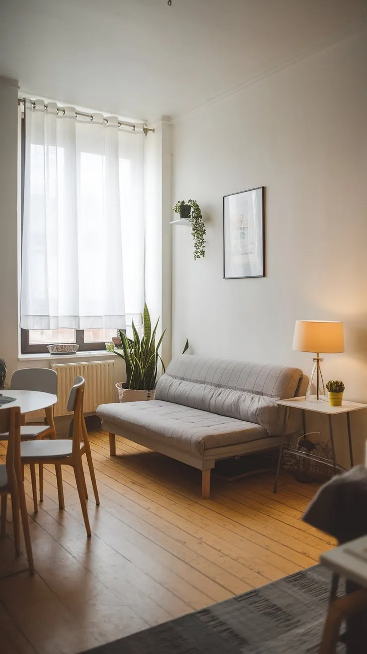 Maximize your space with this small studio apartment's ingenious studio apartment layout. Small home interior designs shine in this bright and airy space, showcasing smart small home furniture solutions and inspiring small space interior ideas perfect for renter living room ideas.