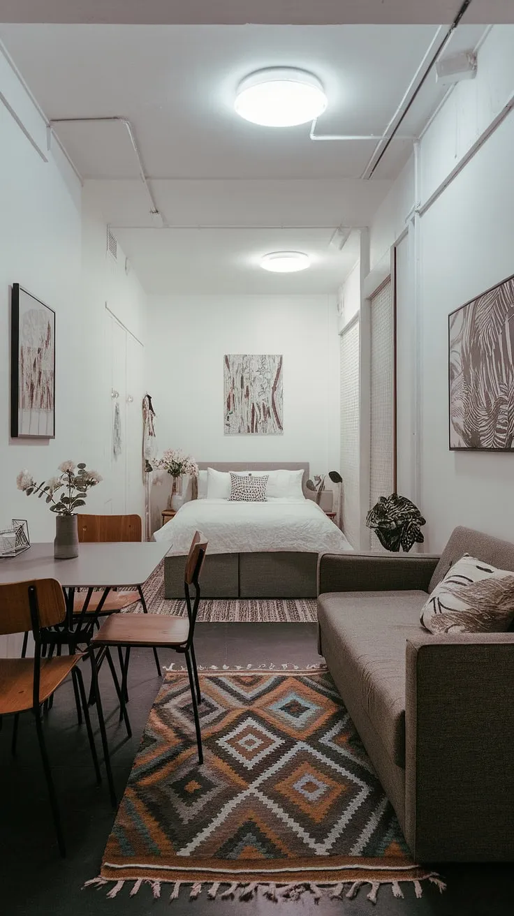 Maximize space and style in this charming small studio apartment. Clever studio apartment layout ideas, small apartment seating ideas, and small home furniture solutions create a surprisingly spacious and inviting feel. Perfect small space interior ideas and home decor ideas for small living rooms, offering studio apartment inspiration for renters.