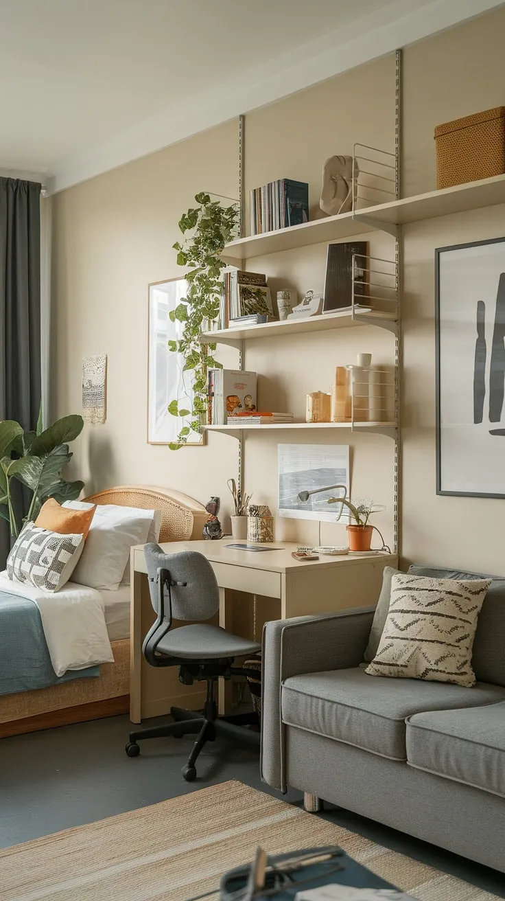 This small studio apartment is a testament to efficient small home interior designs. The studio apartment layout effortlessly blends sleeping, working, and relaxing areas, incorporating small apartment seating ideas within the limited square footage. The use of space-saving small home furniture solutions and thoughtful home decor ideas for small living rooms creates a surprisingly spacious and inviting atmosphere, offering plenty of studio apartment inspiration for those seeking renter living room ideas.