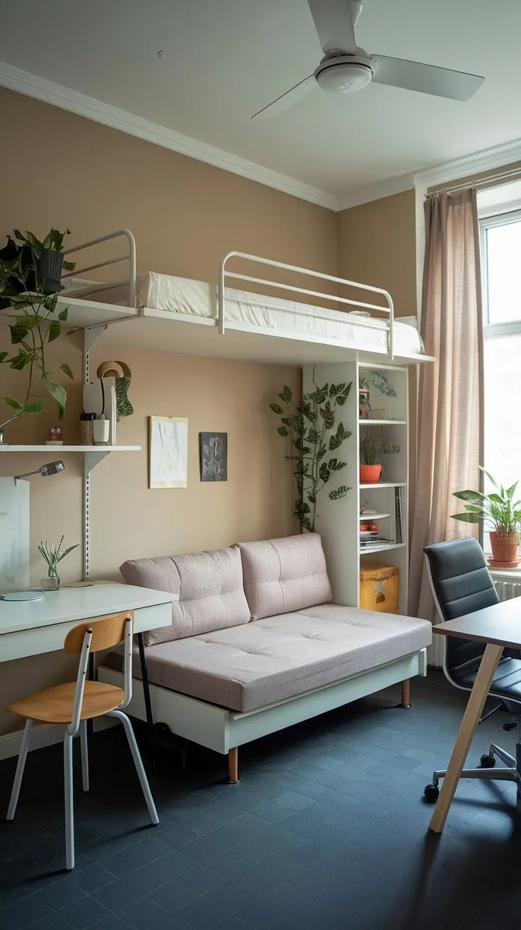 This small studio apartment maximizes space with a lofted bed, creating a cozy and functional living area. The clever studio apartment layout incorporates a sofa bed for guests, a practical desk, and stylish shelving, showcasing smart small space interior ideas. Notice the thoughtful small apartment seating ideas and small home interior designs, proving that even a small home can feel spacious. The beige walls and dark grey floors provide a neutral backdrop for home decor ideas for small living rooms, offering studio apartment inspiration and renter living room ideas. Small home furniture solutions are key here, proving that comfort and style can coexist in limited square footage.