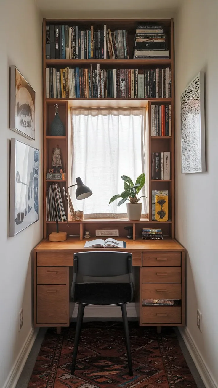 Transform a small space into a haven of productivity. This small study room, featuring a compact desk and thoughtful study desk decor, offers inspiring small home offices ideas.  Discover practical desk solutions and study room design tips for maximizing your small study room.
